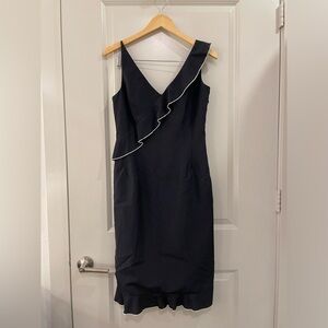 Lela Rose Black V-Neck Midi Dress with Contrast Piping